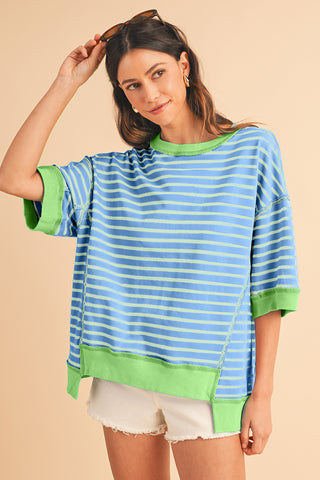 Black Stripe Contrast Trim Drop Sleeve Loose Top - Alleure