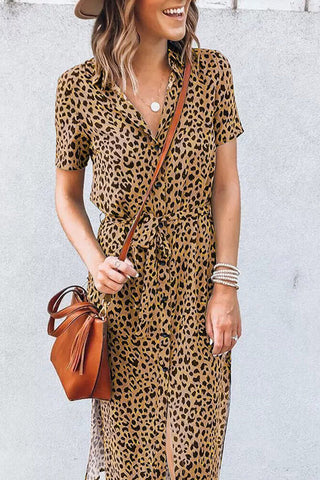 Khaki Leopard Print Waist Belted Button Up Shirt Dress - Alleure