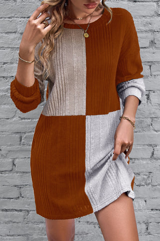 Chestnut Ribbed Color Block Drop Shoulder Long Sleeve Short Dress - Alleure