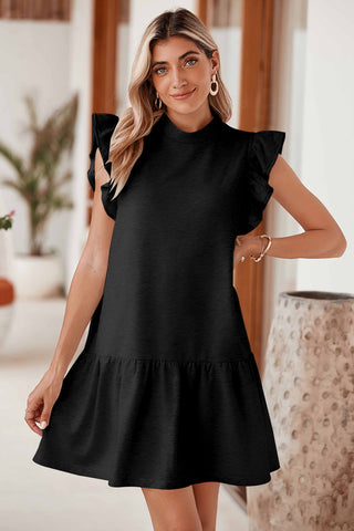 Black Solid Color Ruffle Hem Mini Sweatshirt Dress - Alleure