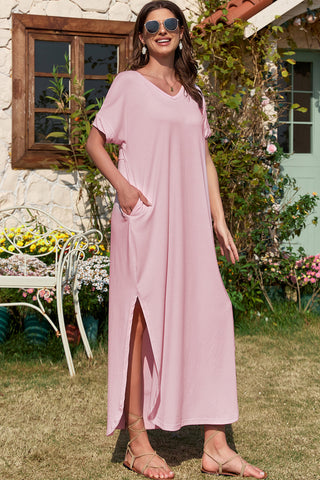 Pink Solid Color Hidden Pocket V Neck Slit Maxi Dress - Alleure