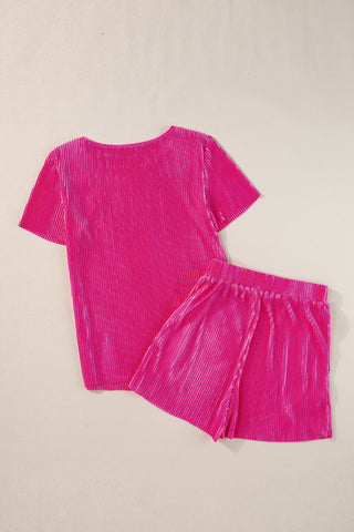 Bright Pink Ribbed T Shorts Set