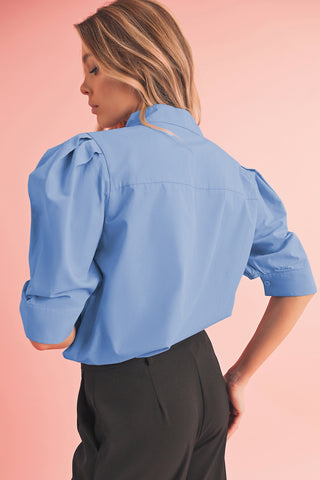 Blue Blouse with Pleats & Puff Sleeves