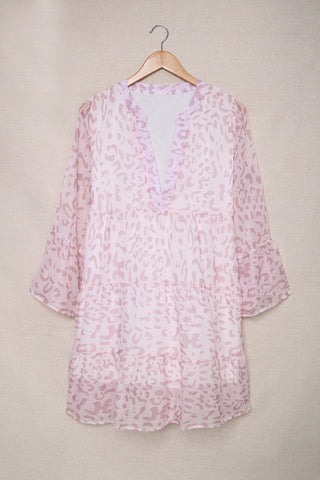 Pink Cheetah Print Chiffon Split V Neck Bell Sleeve Tunic Dress - Alleure