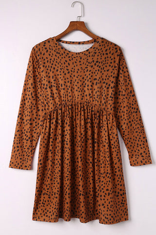 Brown Casual Crew Neck Long Sleeve Leopard Print Dress - Alleure