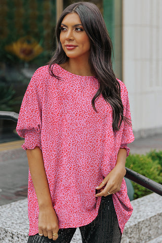 Pink Leopard Print Oversize Blouse Puff Sleeves Shirred Cuffs