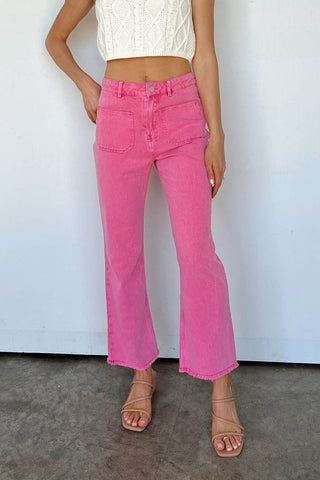 Pink Light Wash Flared Mid Rise Pants