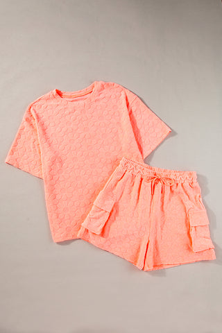 Textured Flower Imprint Loose Fit Tee and Drawstring Shorts Set - 2 Colors