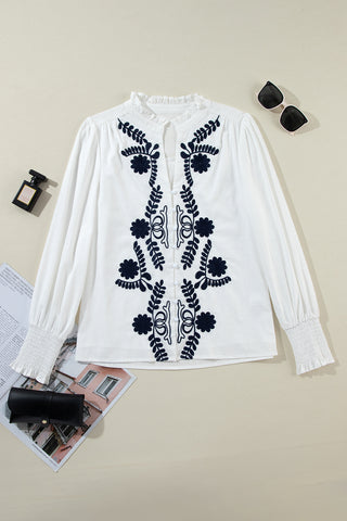 White Floral Embroidered Boho Shirt