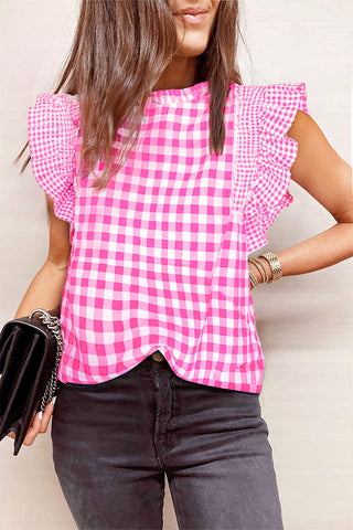 Checkered Blouse with Ruffle Trim Sleeves