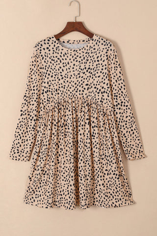 Brown Casual Crew Neck Long Sleeve Leopard Print Dress - Alleure