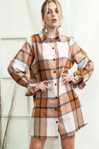 Khaki Plaid Pattern Collared Neck Ruffled Sleeve Shirt Dress - Alleure