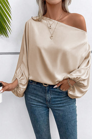 Silky Blouse Asymmetrical Neckline Lantern Sleeves - 2 Colors