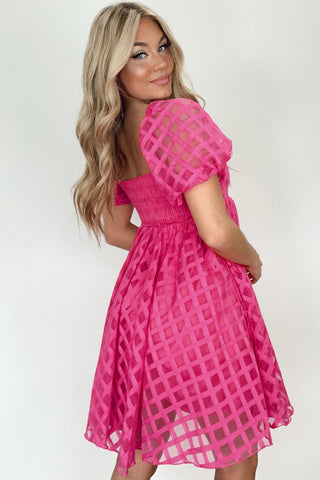 Strawberry Pink Checkered Puff Sleeve Babydoll Dress - Alleure