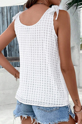 White Lattice Texture Bowknot Shoulder V Neck Top - Alleure