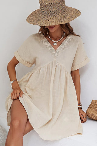 Beige Lace Splicing V Neck Rolled Up Sleeve Empire Waist Mini Dress - Alleure