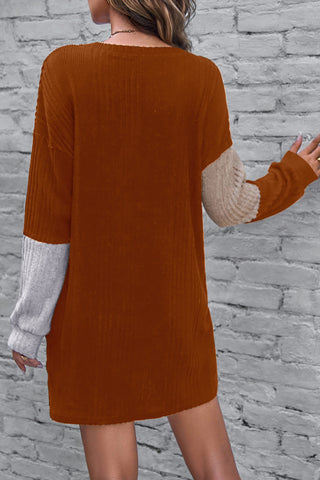 Chestnut Ribbed Color Block Drop Shoulder Long Sleeve Short Dress - Alleure