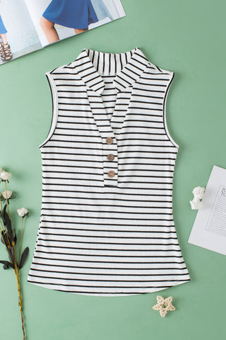 Striped Ribbed Tank V Neck Buttoned Front