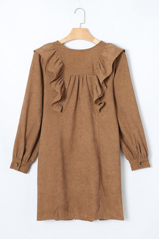 Ruffle Trim Puff Sleeve Ribbed Shirt Dress