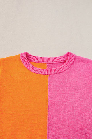 Orange Pink Colorblock Knit Cap Sleeve Top