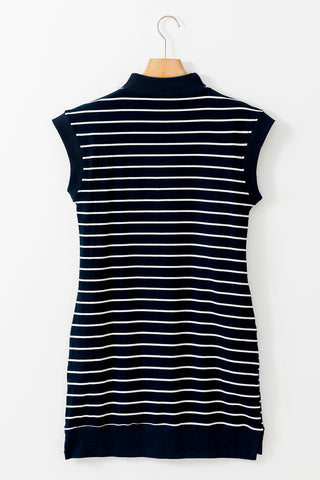 Navy Blue Striped Quarter Zip Collar Cap Sleeve Mini Dress - Alleure