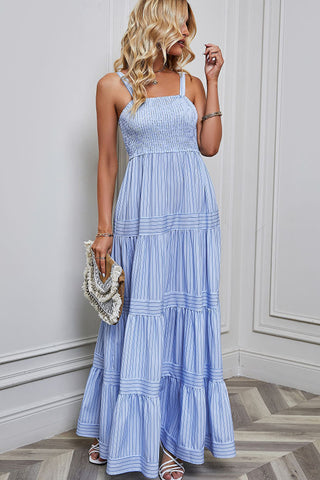 Sky Blue Striped Maxi Shirred Bodice Sleeveless