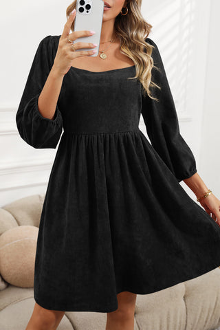 Black Washed Square Neck High Waist Flared Short Dress - Alleure