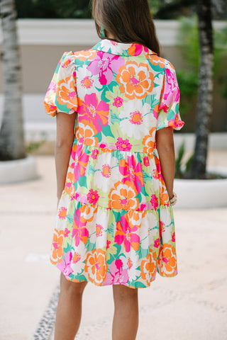 Floral Short Dress with Puff Sleeves & Button Front