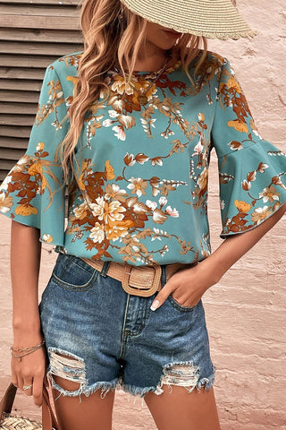 Seafoam Oriental Print Round Neck Flounce Sleeve Blouse