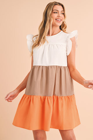 Wholesale Apricot Ruffle Color Block Tiered Mini Dress - Alleure