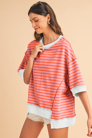 Black Stripe Contrast Trim Drop Sleeve Loose Top - Alleure