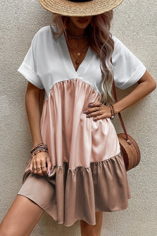 Light Beige Tiered Colorblock V Neck Loose Short Dress - Alleure