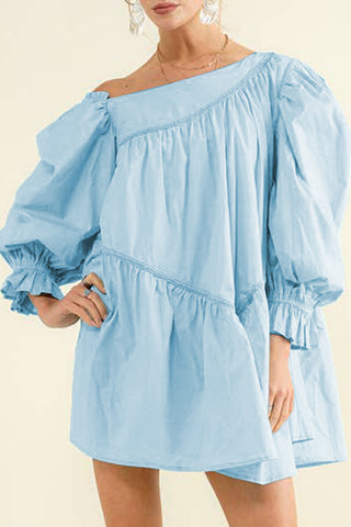 Wholesale Sky Blue Puff Sleeve Asymmetric Pleated Flowy Mini Dress - Alleure