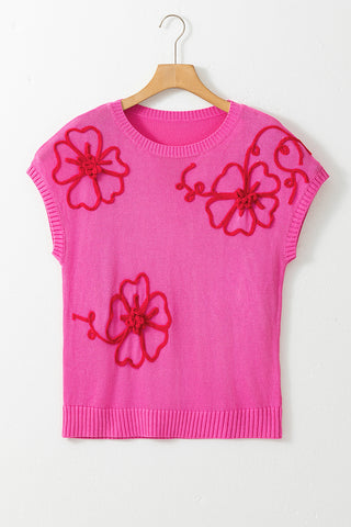 Hot Pink Knit Short Sleeve Top with Embrodiered Red Flowers