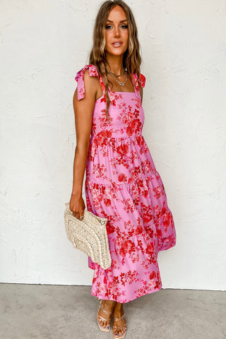 Pink Tie Shoulder Straps Tiered Floral Dress - Alleure