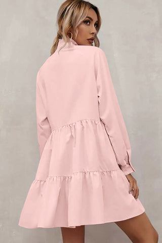 Pink Casual Stand V Neck Short Frill Dress - Alleure