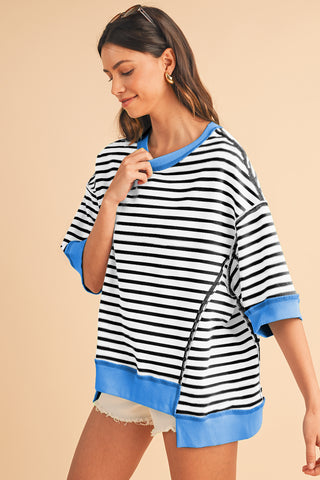 Black Stripe Contrast Trim Drop Sleeve Loose Top - Alleure