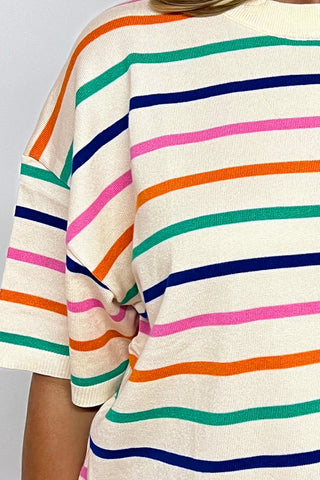 Striped Short Sleeve Loose Fit Knit with Dropped Shoulder