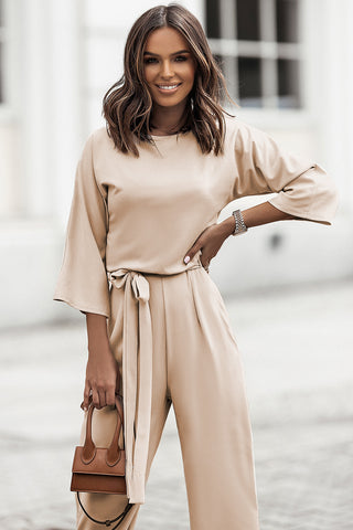 Beige Jumpsuit Boat Neckline Wide Legs Tie Sash