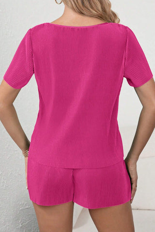 Bright Pink Ribbed T Shorts Set