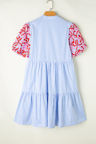 Sky Blue Stripe Floral Puff Sleeve Ruffle Tiered Dress - Alleure