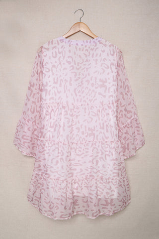 Pink Cheetah Print Chiffon Split V Neck Bell Sleeve Tunic Dress - Alleure