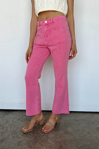 Pink Light Wash Flared Mid Rise Pants