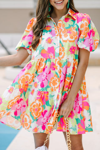 Floral Short Dress with Puff Sleeves & Button Front