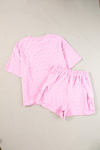 Textured Flower Imprint Loose Fit Tee and Drawstring Shorts Set - 2 Colors