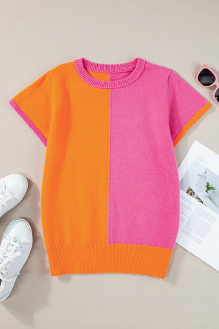 Orange Pink Colorblock Knit Cap Sleeve Top