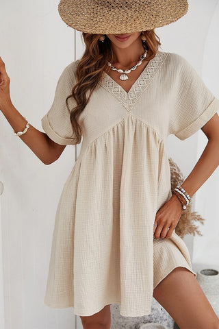 Beige Lace Splicing V Neck Rolled Up Sleeve Empire Waist Mini Dress - Alleure