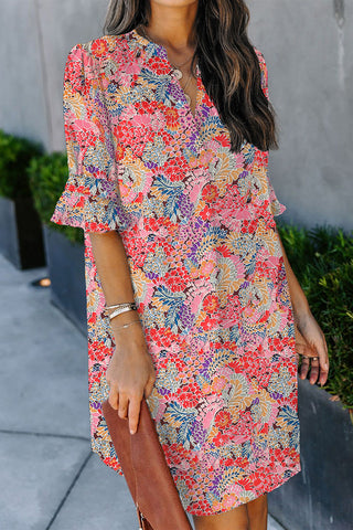 Multicolor Floral Print Split V Neck Half Sleeve Casual Tunic Dress - Alleure