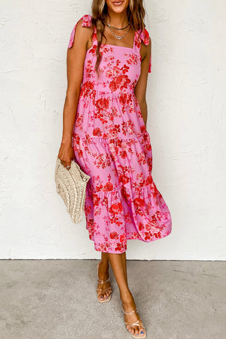 Pink Tie Shoulder Straps Tiered Floral Dress - Alleure