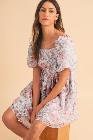 Pink Floral Lantern Sleeve Square Neck Ruffled Mini Dress - Alleure